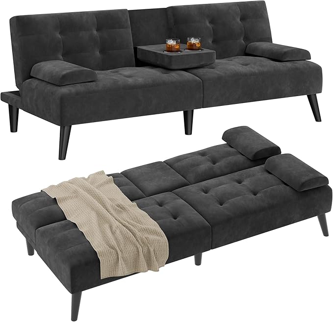 Shintenchi Futon Sofa Bed Velvet Foldable Couch Reclining Sleeper with Removable Armrests Upholstered Loveseat Sofa Couch with Folding Cup Holders for Home Office(Black)