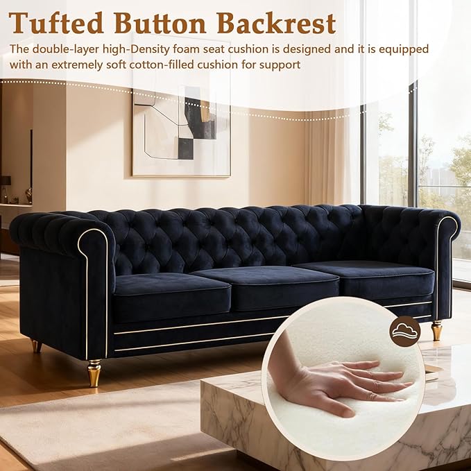 84 Velvet Sofa with Gold Legs Luxury Tufted Couch for Living Room Chesterfield Sofa with Thick Cushion Wide Armrest High-Density Foam Gold Strip Trim (Black)