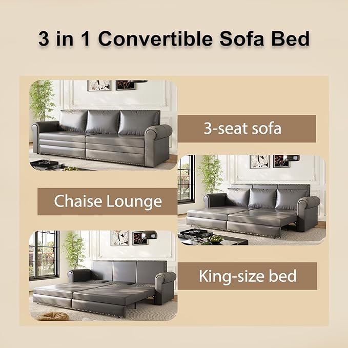 JOYBASE Pull Out Sofa Bed King-Size Convertible Sleeper Sofa Modern 3-Seater Faux Leather Couch with Nailhead for Living Room Office Apartment (Grey)