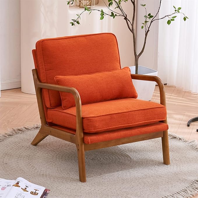i-POOK Accent Chair Mid-Century Linen Fabric Upholstered Armchair with Pillow and Back Cushion Comfy Single Sofa Chair with Solid Wood Legs Reading Chair for Living Room Bedroom Office Burnt Orange