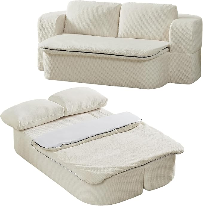 74.8 Inch Convertible Sleeper Sofa Bed Compressed Loveseat Sofa Folding Floor Mattress with Pillows and Blanket Small Couches for Living Room Bedroom Lounge No Assembly Required (Beige)