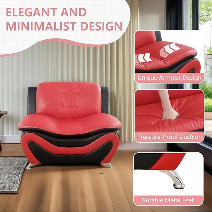 Leather Lovesat Sofa Couch Loveseat Sofa for Living Room Furniture Set 2 Seater Sofa with Metal Legs for Living Room/Bedroom/Office Black &amp Red
