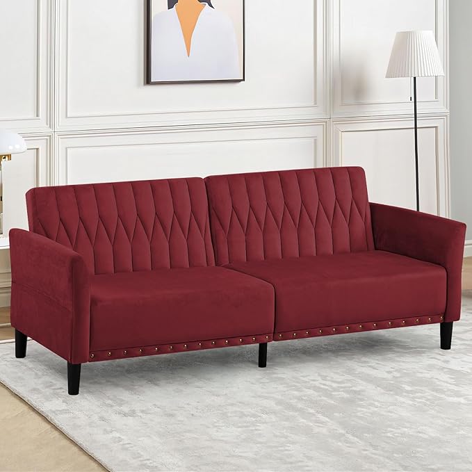 77” Velvet Sofa Bed with Adjustable Armrests and BackrestsTufted Convertible Futon Couch with Nailhead Trim Loveseat Modern Velvet Sleeper Sofa for Living RoomBedroomOffice Red