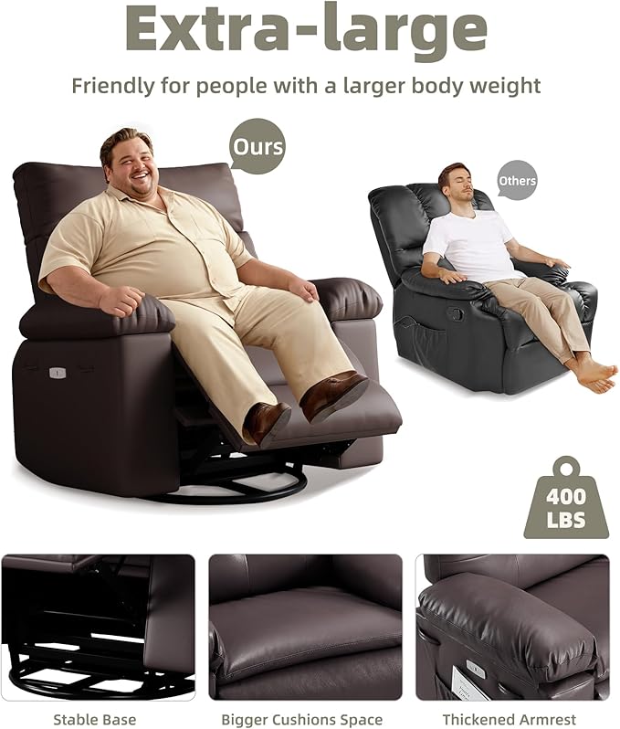 27'' Oversized Wide Rocker Swivel Recliner Chair Large Nursery Chair Lazy Recliner with Vibrating and Heating Functions Lounge Chairs Featuring Cup Holders and Side Pockets