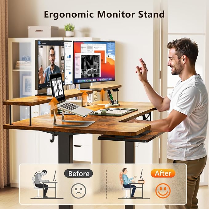 OffiGo U Shaped Electric Standing Desk with Keyboard Tray 55 Inch Height Adjustable Desk with Power Outlets &amp LED Lights Sit Stand Table with Monitor Stand for Home Office Rustic Brown