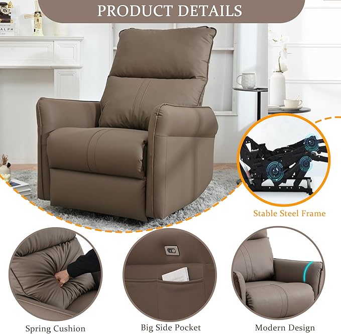 Power Swivel Rocker Recliner Chair for Nursery Upholstered 270° Swivel Glider Rocker Chair with USB Ports Small Power Recliners for Small Spaces Living Room (Brown)