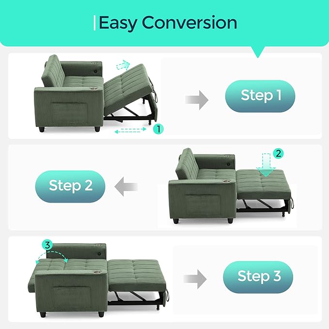 LINSY 3-in-1 Convertible Sofa Bed 54 Pull Out Sleeper Sofa with Charging Station &amp Cup Holder Small Corduroy Couch Folding Loveseat with Side Pocket for Small Space Green