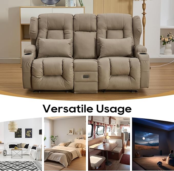 IPKIG 68 Loveseat Recliner Sofa - 3 Seater Reclining Sofa with Flip Middle Backrest Versatile Power Outlet Storage Drawer Cup Holders Lumbar Pillows Manual Recliner (Khaki 68 Loveseat)