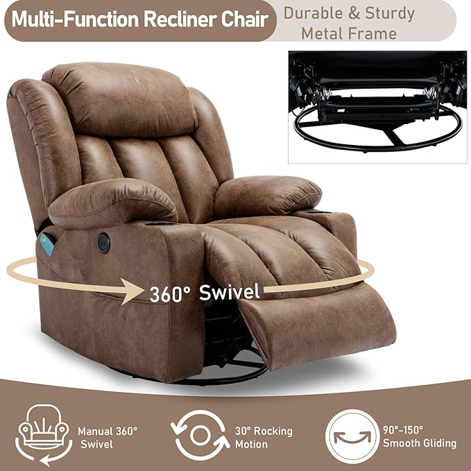 360° Swivel Rocker Recliner Chair with Heat and Massage Manual Glider Rocking Reclining Chair Swivel Overstuffed Lounge Reclining Chair with 2 Cup Holders Side Pockets &amp USB Ports Brown