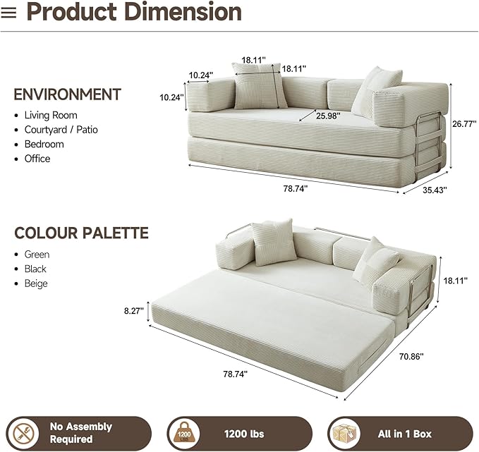79 Boneless Sofa Bed 5-in-1 No-Assembly Convertible Sleeper Couch with Fixed Frame Armrests Modular Corduroy Futon Compressed in a Box for Space Saving (Beige Includes 2 Pillows)
