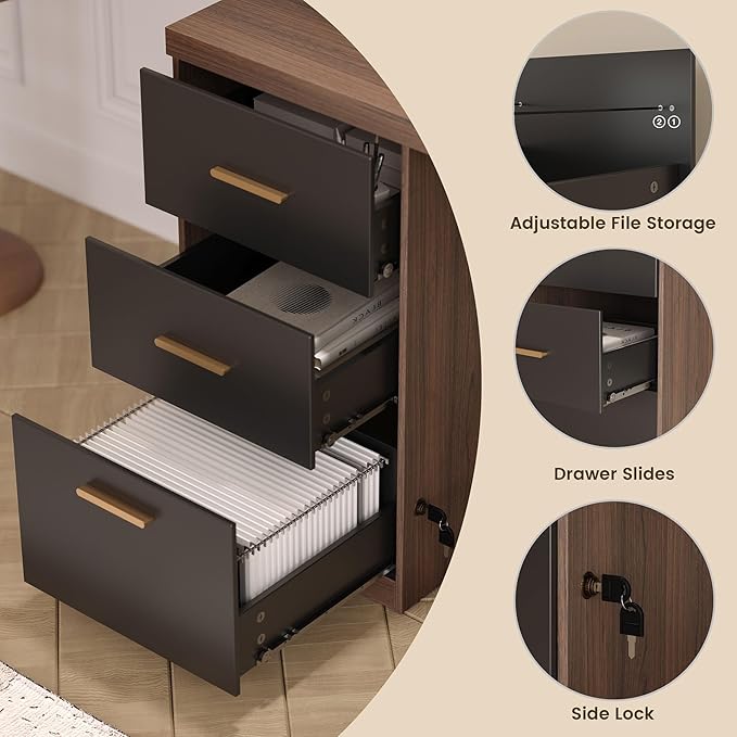 Computer Desk with Hutch and File Cabinet 72.8 Home Office Desk Set Under Desk Storage Cabinet All-in-One Study Writing Desk with Power Outlet 1.18 Desktop Privacy Panel Black Walnut