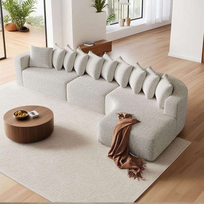KEIKI 131.1 Curved Sectional Sofa Set Oversized Cloud Couch with 10 Pillows Deep Seat Right Facing Sofa for Living Room Guest Bedroom No Assembly Required Light Khaki