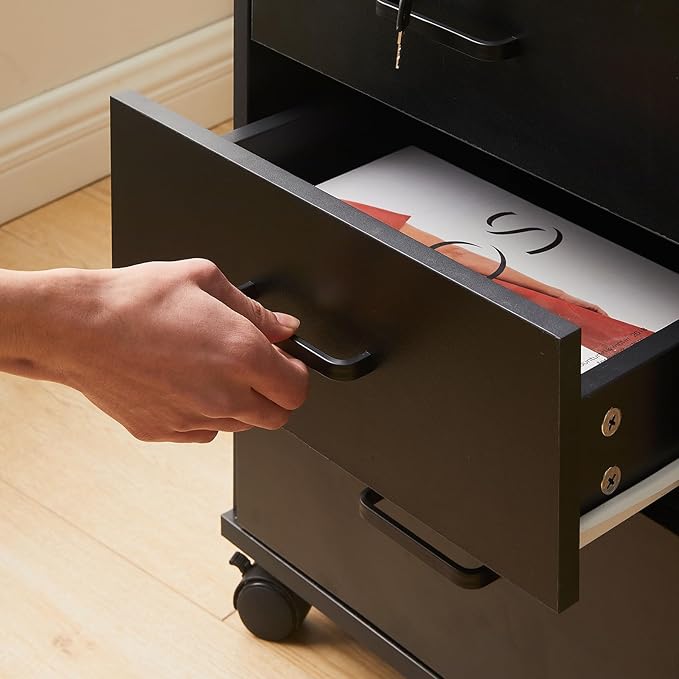 TUKAILAi Mobile File Cabinet with 3 Drawers Lockable Storage Unit Wooden Rolling Office Filing Cabinet with Wheels for Legal/Letter/A4 Sized Documents Home Office (Black 1PCS)