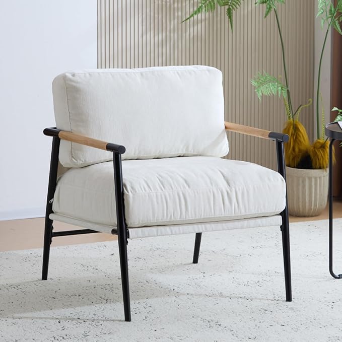 Accent Chair Living Room Chair Set of 2 Mid Century Modern Armchair Comfy Reading Chair for Bedroom Upholstered Chenille Fabric Lounge Chair W/Plush Cushions Metal Frame and Wooden Armrest White