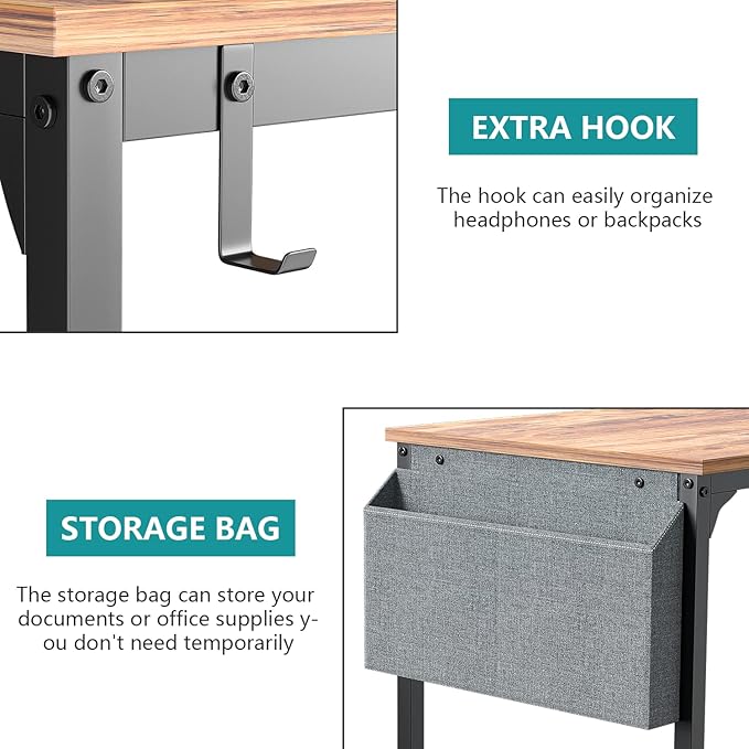 PayLessHere Computer Desk with 2 Shelves 47 in Length Study Writing Table 2-in-1 Large Office Desk with Metal Legs Adjustable feet Modern Furniture for Home Office Study Room-Rustic Brown