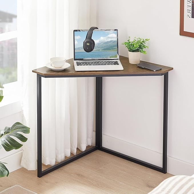 VECELO Corner DeskOffice Tables for Living Room for Small Space Triangle Computer Desk with Steel Frame Corner Shelves with Metal Frame Writing Desk for Workstation Classic Brown 33.1 2 Set