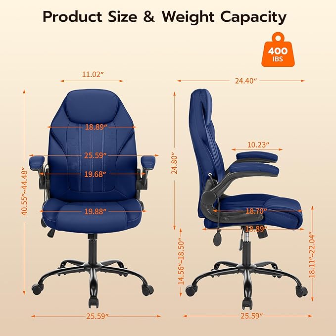 Office Desk Chair Ergonomic Computer Chair with Padded Flip-Up Arms and Adjustable Lumbar Support PU Leather Executive Chair with Tilt Lock and 360° Swivel Rolling Wheels for Work Study