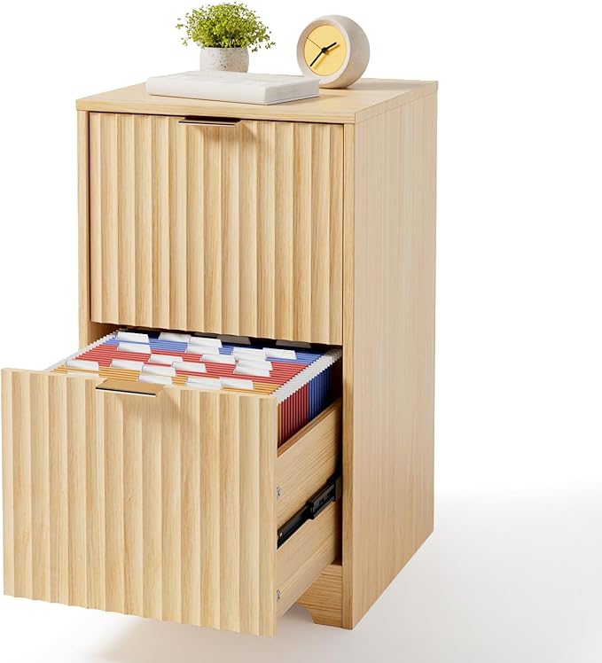 VINGLI 2 Drawer File Cabinet Home Office Filing Organizer for Letter Size File Folder Storage Modern Style Fluted Design Wood Vertical Filing Cabinet Printer Stand Archivador (Oak)