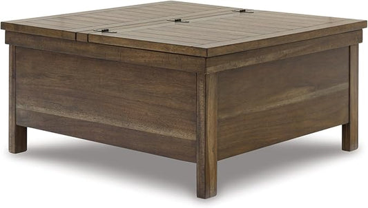 Signature Design by Ashley Moriville Rustic Hinged and Lift Top Cocktail Table with Hidden Storage Light Brown