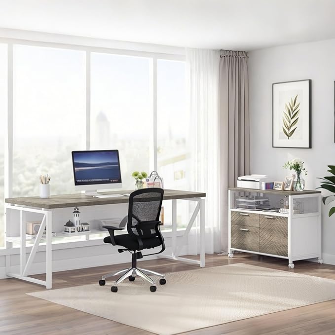 Tribesigns L-Shaped Executive Desk with Reversible File Cabinet 63 Large Office Desk with Drawers and Storage Shelves Business Furniture Workstation for Home Office (Oak Grey)
