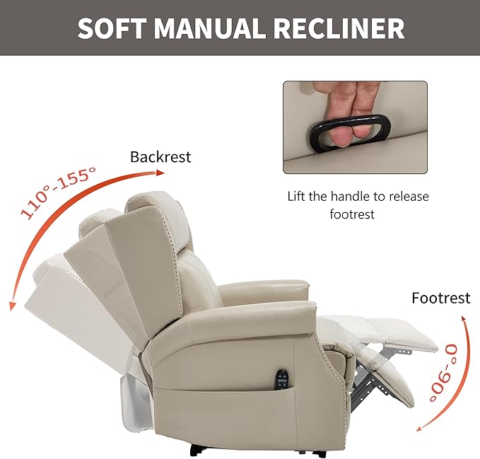 KEIKI Oversized Recliner Chair Manual Leather Recliner Chair with 8 Vibration Nodes Back Massager and Heating for Living Room Rocking Chair for Old Money Living Room Decor Beige