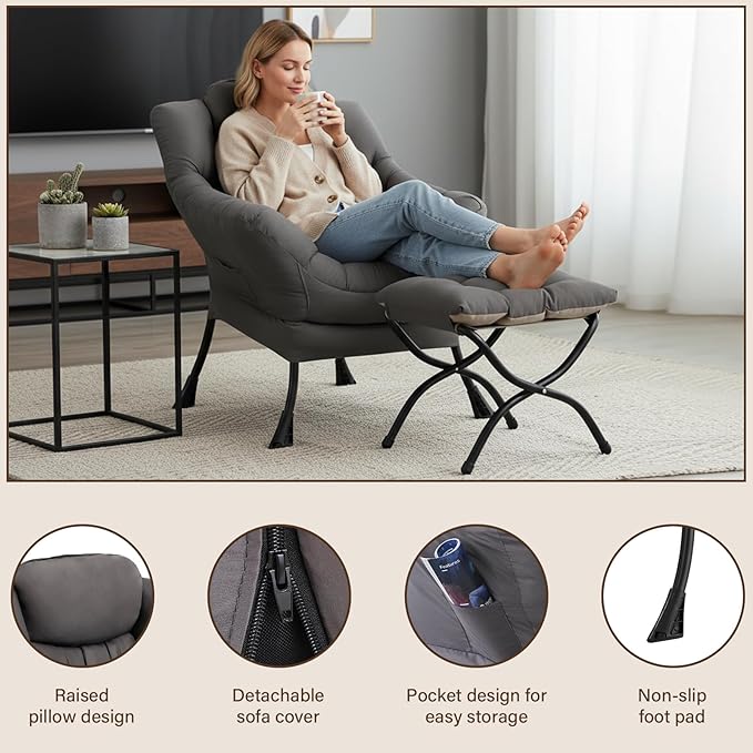 Welnow Lazy Chair with Ottoman Modern Accent Chair with Armrests and a Side Pocket Leisure Sofa Armchair Reading Armchair with Footrest for Small Space Dark Grey