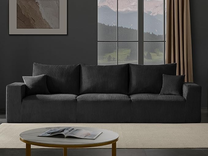113 Modular Sectional Couch Cloud Boneless Sofa with Deep Seats Upholstered Corduroy Sleeper Sofa Bed with 3-Seater for Living Room No Assembly Required Black