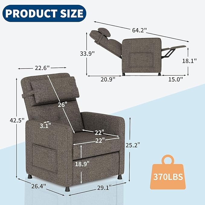 PeakPursuit Power Recliner Chair with Electric Adjustable Back USB Port &amp Side Pockets Single Overstuffed Recliner Chair for Living Room Bedroom or Home TheaterBrown