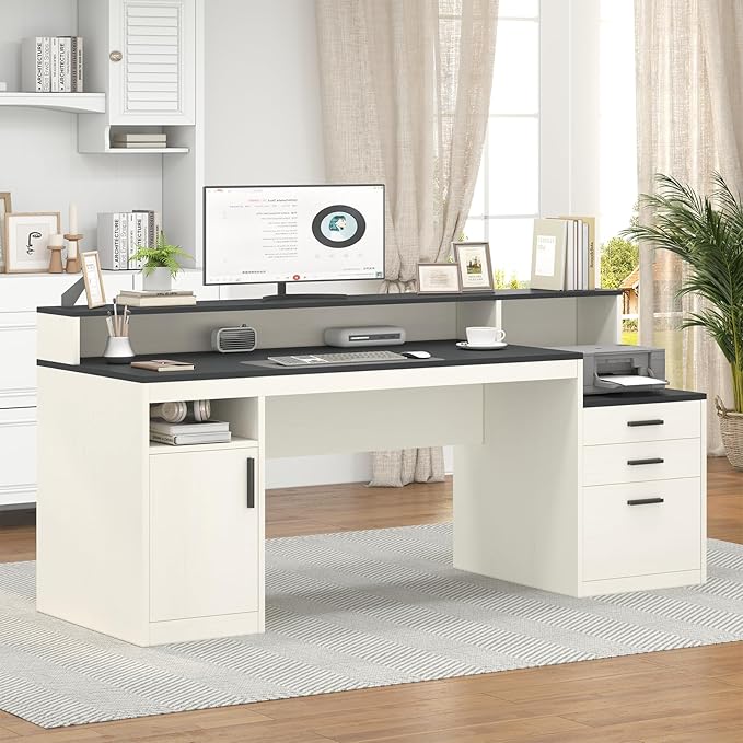 65 Inch Computer Desk with 3 Drawers &amp Storage Shelves Executive Desk with File Drawer &amp Cabinet Home Office Desk with Long Monitor Stand &amp Printer Shelf Black &amp White