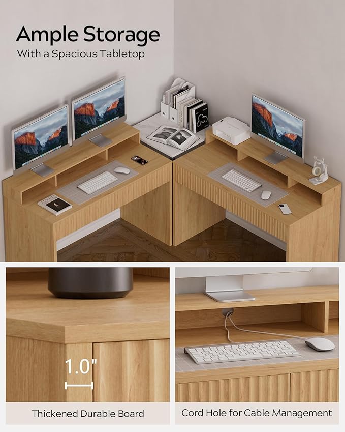 47 Fluted Office Desk with Storage Shelf Modern Wood Executive Desk with Long Monitor Stand &amp 2 Drawers Home Writing Study Computer Table Vanity Desk Natural Oak