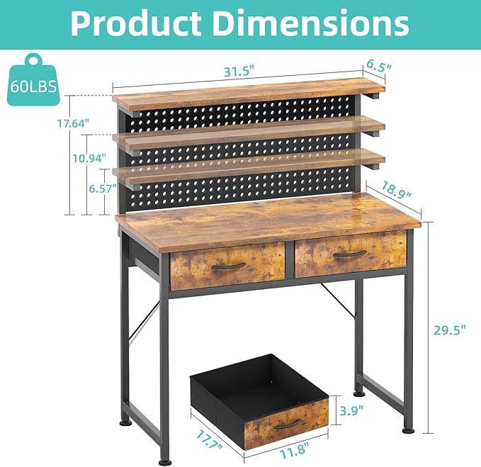 MUTUN Small Desk with Drawers 31 Inch Computer Desk with Power Outlet &amp LED Light Gaming Desk with Adjustable Monitor Stand &amp Pegboard Modern PC Study Writing Table for Bedroom Rustic Brow
