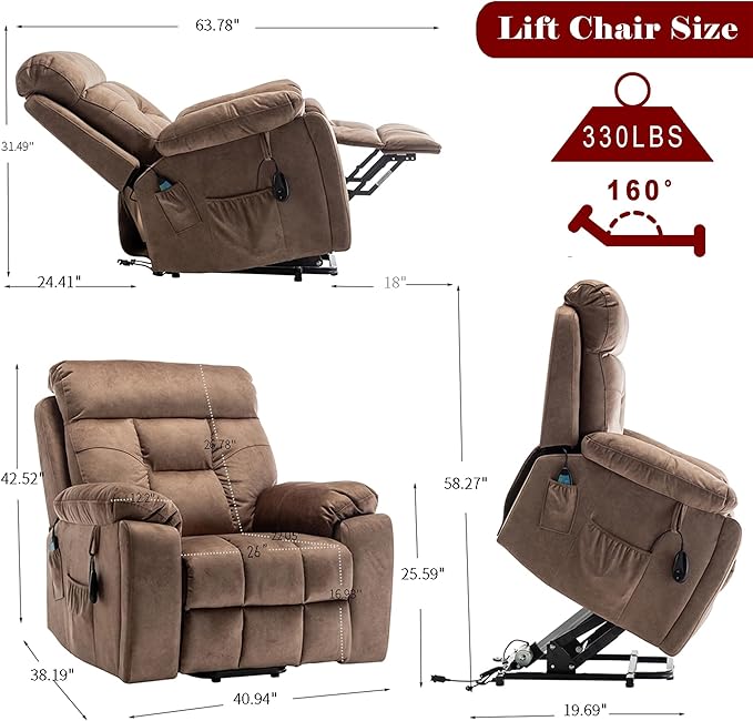 Power Lift Recliner Chair with Massage and Heating FunctionsVelvet Sofa with 2 Remote Controls and Two Cup HoldersRecline up to 160 DegreesSuitable for Living Room