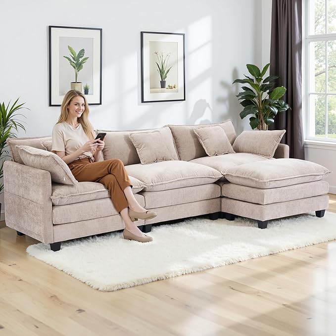 Gexpusm Modular Sectional Sofa108 L Shaped Couches for Living Room3 Seats Sofas with Movable OttomanCloud Sectional Couch with Deep SeatOversized Sleeper Sofa Boneless for Bedroom (Khaki)