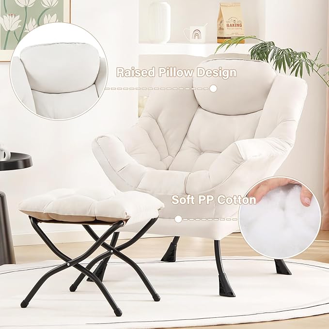 Tiita Lazy Chair with Ottoman Beige Modern Large Accent Chair Comfy Leisure Sofa Armchair with Ottoman Reading Chair with Footrest for Bedroom Living Room Dorm Rooms Beige