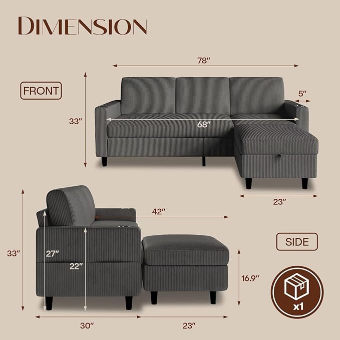 Convertible Sectional Couches for Living Room 3 Seats L Shaped Sofa with Storage Ottoman and 2 Cup Holders Modern Corduroy Couch Small Sofas for Small Space Apartment Office Dark Grey