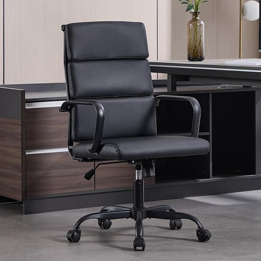 Office Chair Ergonomic Adjustable Desk Chair Mid Back Executive Comfortable Leather Lumbar Support Home Computer Chair with Padded Seat Swivel Wheels