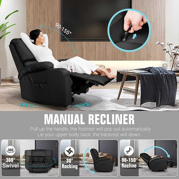 LEVELEVE Rocking Recliner Chair Massage Chair with Vibration Massage and Heat 360° Swivel Faux Leather Chairs Living Room Bedroom Nursery RV Black
