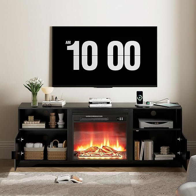 Fireplace TV Stand for Television up to 80 InchEntertainment Center with Adjustable ShelfMid-Century Modern Fluted TV Stand with 23 Electric FireplaceMedia Console for Living RoomBedroom