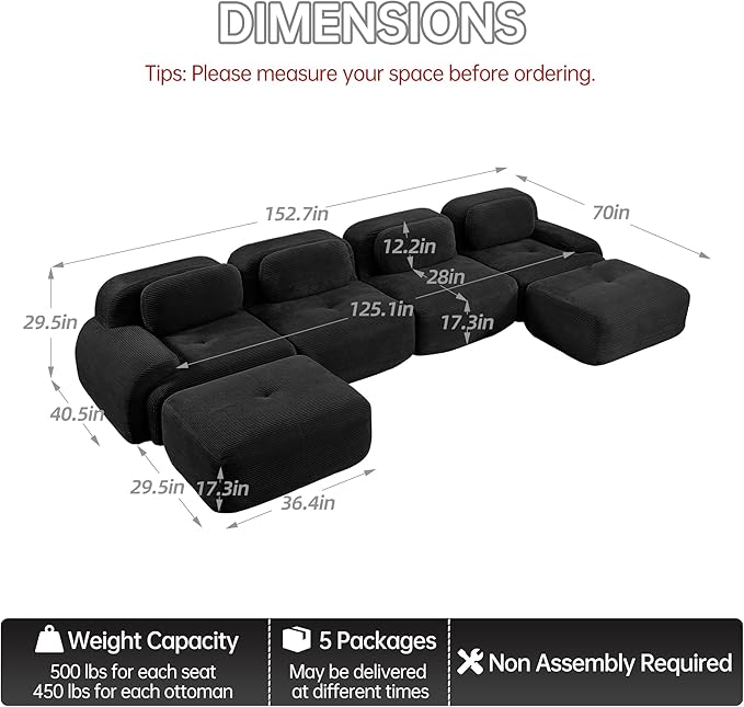 Cloud Sectional Couch Boneless U Shaped Couch 152.7'' Modular Sectional Sofa with Ottoman Modular Cloud Sofa 4 Seater Corduroy Deep Seat Couches for Living Room No Assembly Couches Black