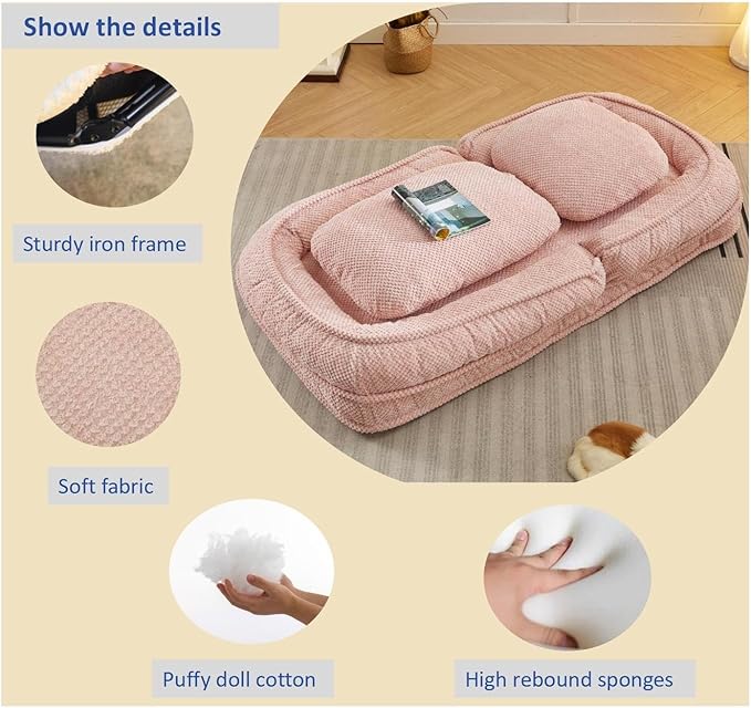 KEIKI Foldable Tatami Lazy Sofa Couch Bed with 5 Adjustable Position Space Saving Design Human Dog Bed with Cushion Back Easy Assembly for Apartment Living Room Bedroom Pink