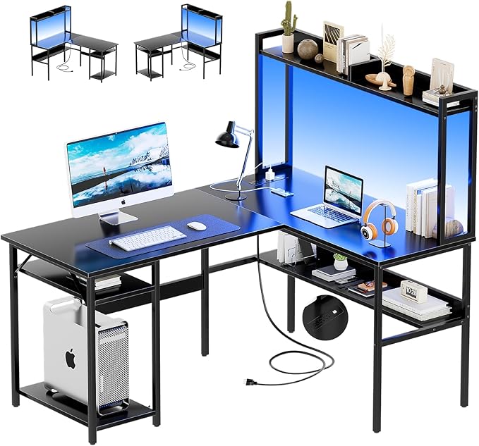 L Shaped Computer Desk with Hutch and Storage Shelves Gaming Desk with LED Lights Reversible L-Shaped Desk with Power Outlets Home Office Desk Corner Desk Black