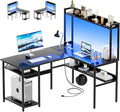 L Shaped Computer Desk with Hutch and Storage Shelves Gaming Desk with LED Lights Reversible L-Shaped Desk with Power Outlets Home Office Desk Corner Desk Black