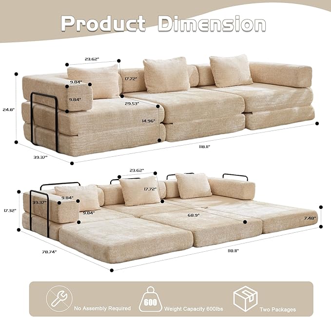 Convertible Floor Sofa Bed 3-Seat Modular Sectional Chenille Fabric No Assembly Required 118 inches Beige (3 Beige)