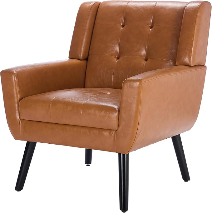 Modern Soft Leather Material Ergonomics Accent Chair Living Room Chair Bedroom Chair Home Chair with Black Legs for Indoor Home Light Brown PU
