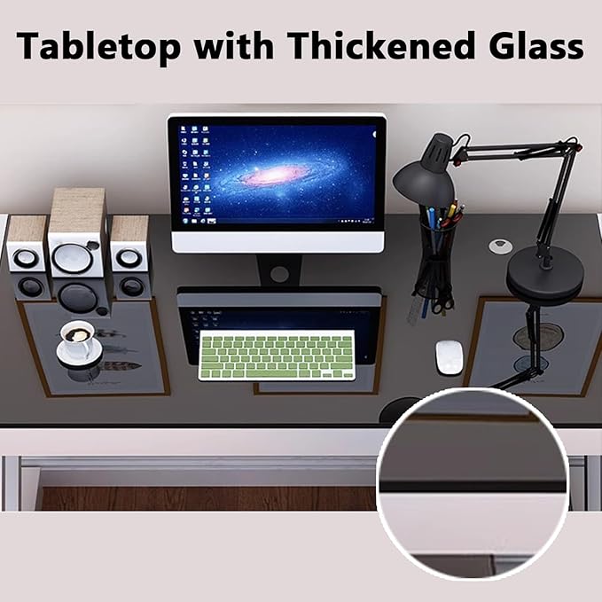 Tempered Glass Computer DeskModern Home Office Desk with Z-Shaped Metal LegsSturdy Writing Table for Home Office Dorm(White Black)
