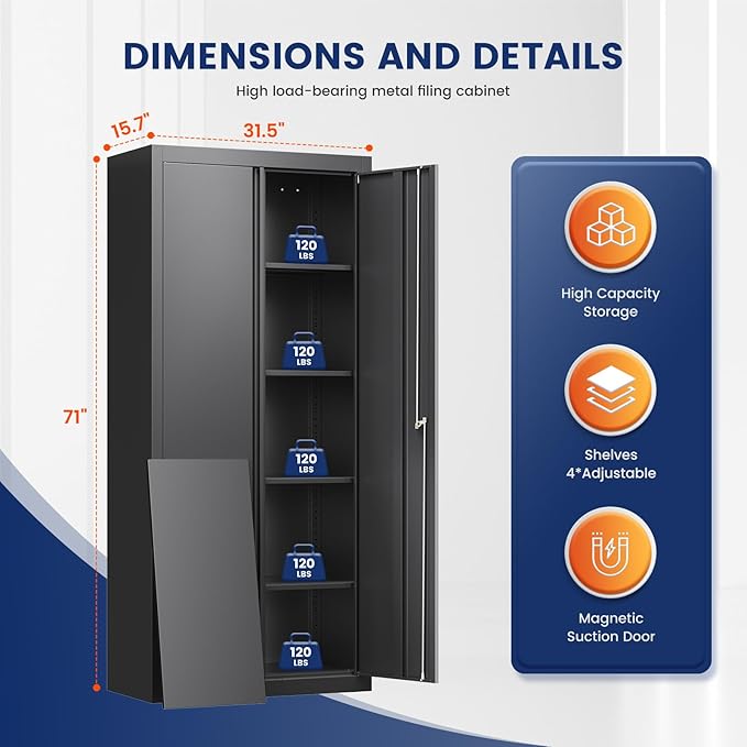Yizosh Metal Garage Storage Cabinet with 2 Doors and 4 Adjustable Shelves - 71 Steel Lockable File CabinetLocking Tool Cabinets for OfficeHomeGarageSchoolGym