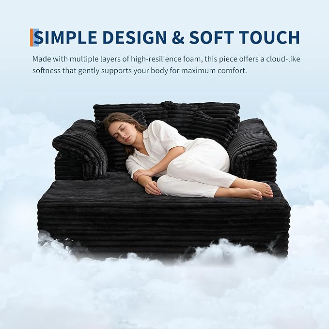 Oversized Chaise Lounge Chair Indoor Upholstered Sofa Bed with Throw Pillows and Armrests Comfy Corduroy Sleeper Couch with Cup Holders and Charging Port for Living Room Bedroom 60 Inch Wide Black