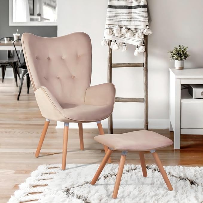 Generic Velvet Accent Chair Ottoman Set for Living Room Wing Back Armchair Tufted Back Upholstery Living Room Chairs Pink