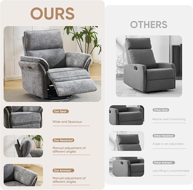 Oversized Power Recliner Chair Swivel Glider with Massage and Heat Rocker Nursery Recliner for Adults with Adjustable Headrest 26 Extra Wide Nursery Chair with Overstuffed Armrest Dark Grey