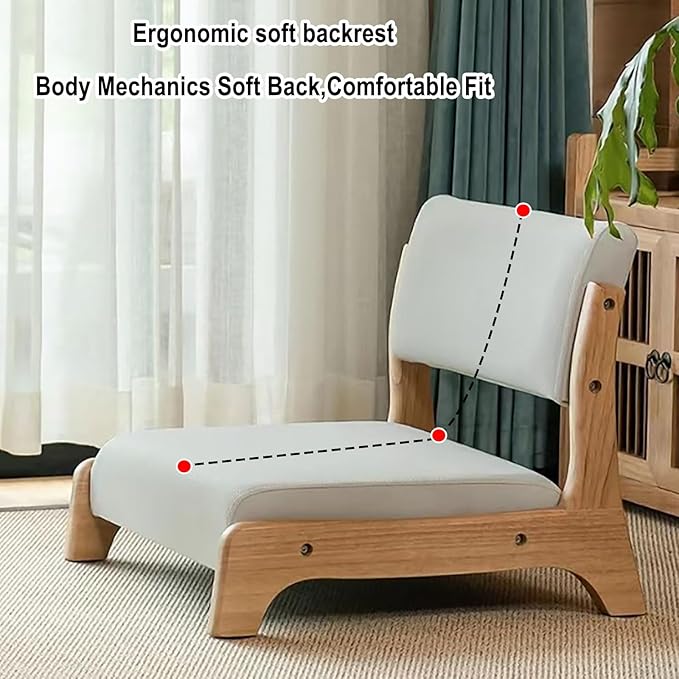 Japanese Floor Chair with Back SupportLow-Back Meditation Floor Seat with Soft CushionPortable Wood Armless Tatami Chair Meditation Living Room Bedroom Bay WindowReading